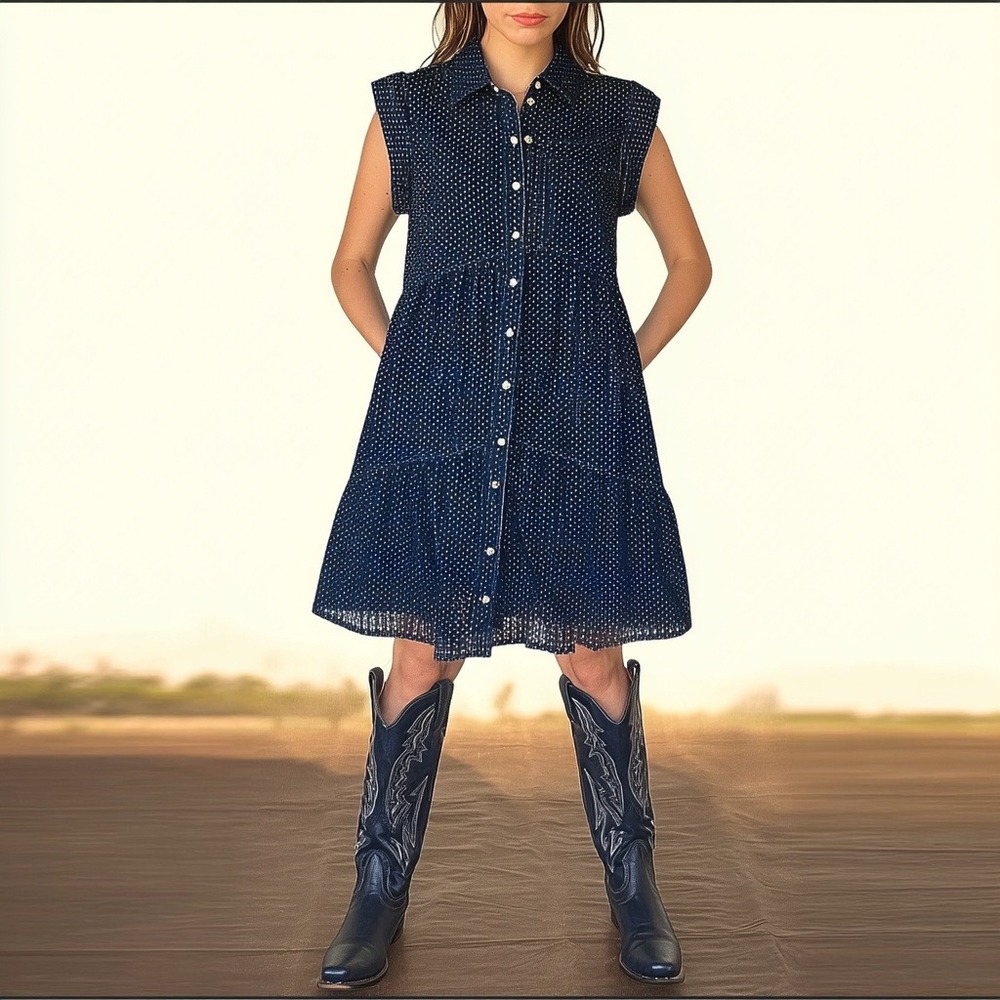 TAES Blue‎ Textured Cap Sleeve Button-Front Tiered Mini Dress - Size S
